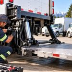 Fleet mechanic servicing a commercial truck liftgate and hydraulic system to help maintain safe, reliable operation.