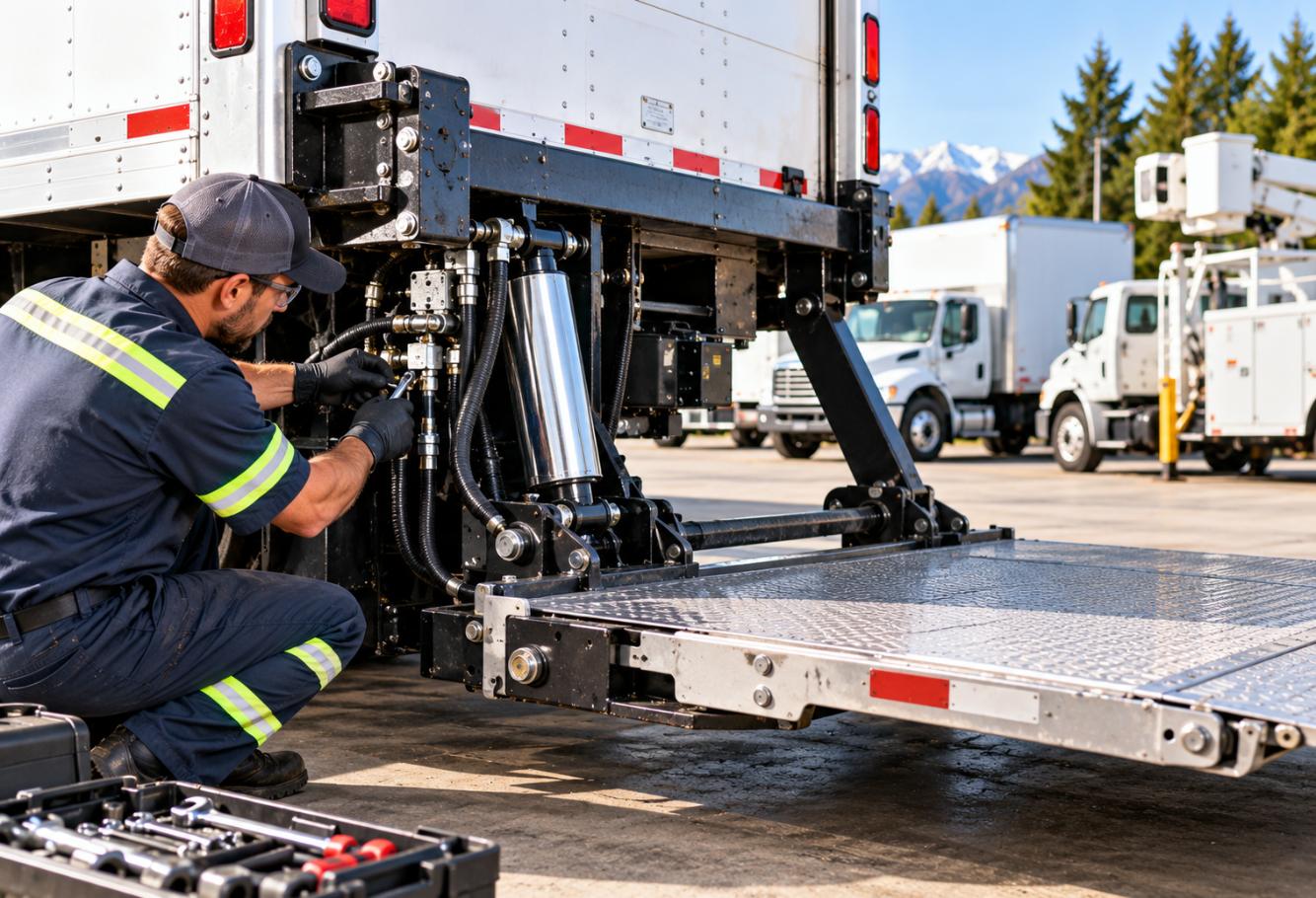 Fleet mechanic servicing a commercial truck liftgate and hydraulic system to help maintain safe, reliable operation.