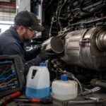 Diesel mechanic inspecting a DPF and DEF system on a heavy-duty truck with diagnostic equipment in a repair shop.