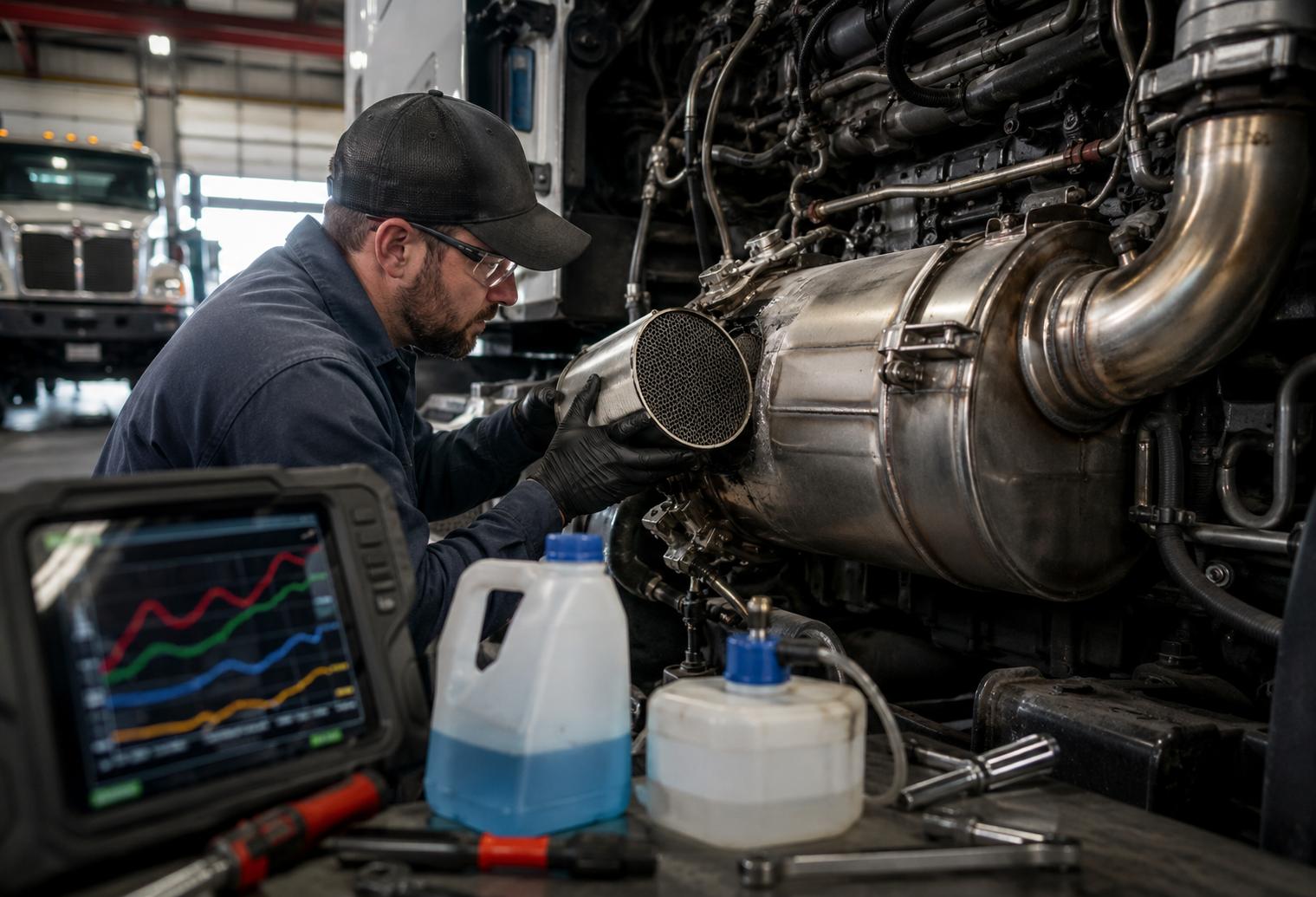 Diesel mechanic inspecting a DPF and DEF system on a heavy-duty truck with diagnostic equipment in a repair shop.